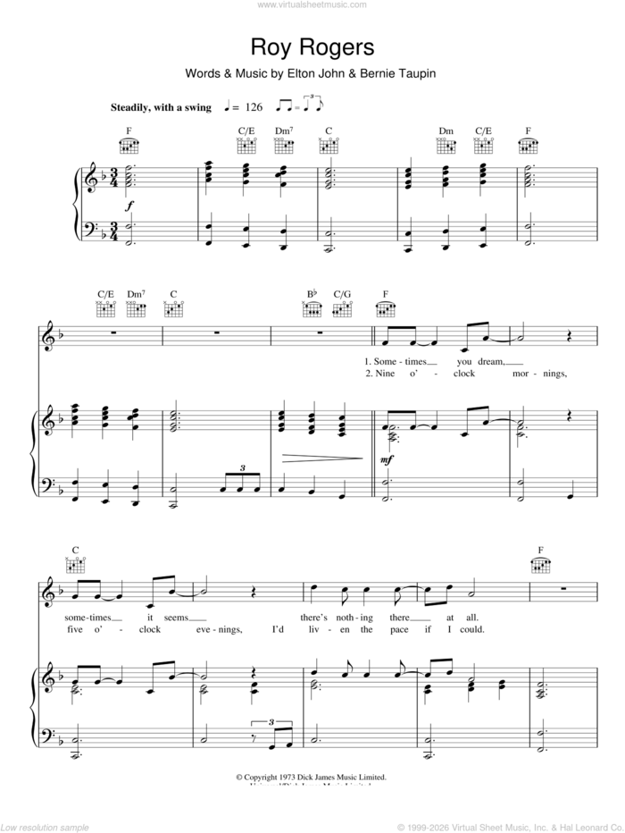 Roy Rogers sheet music for voice, piano or guitar by Elton John and Bernie Taupin, intermediate skill level