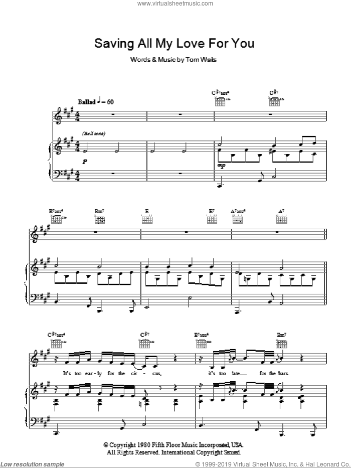 Saving All My Love For You sheet music for voice, piano or guitar by Tom Waits, intermediate skill level