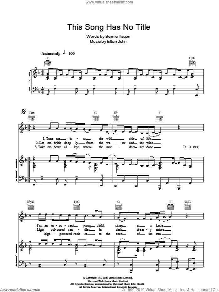 This Song Has No Title sheet music for voice, piano or guitar by Elton John and Bernie Taupin, intermediate skill level