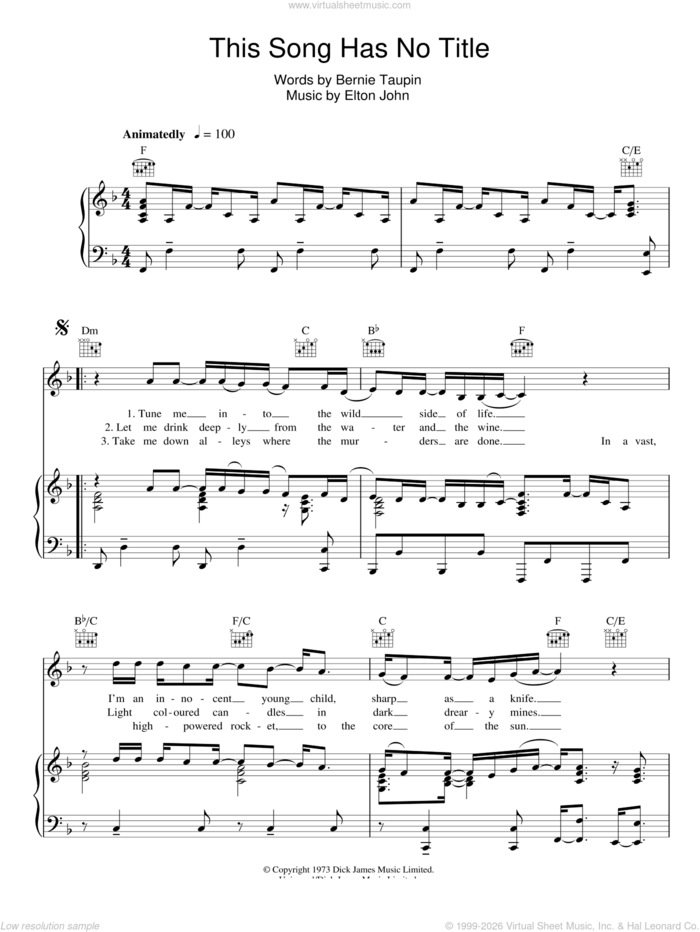 This Song Has No Title sheet music for voice, piano or guitar by Elton John and Bernie Taupin, intermediate skill level