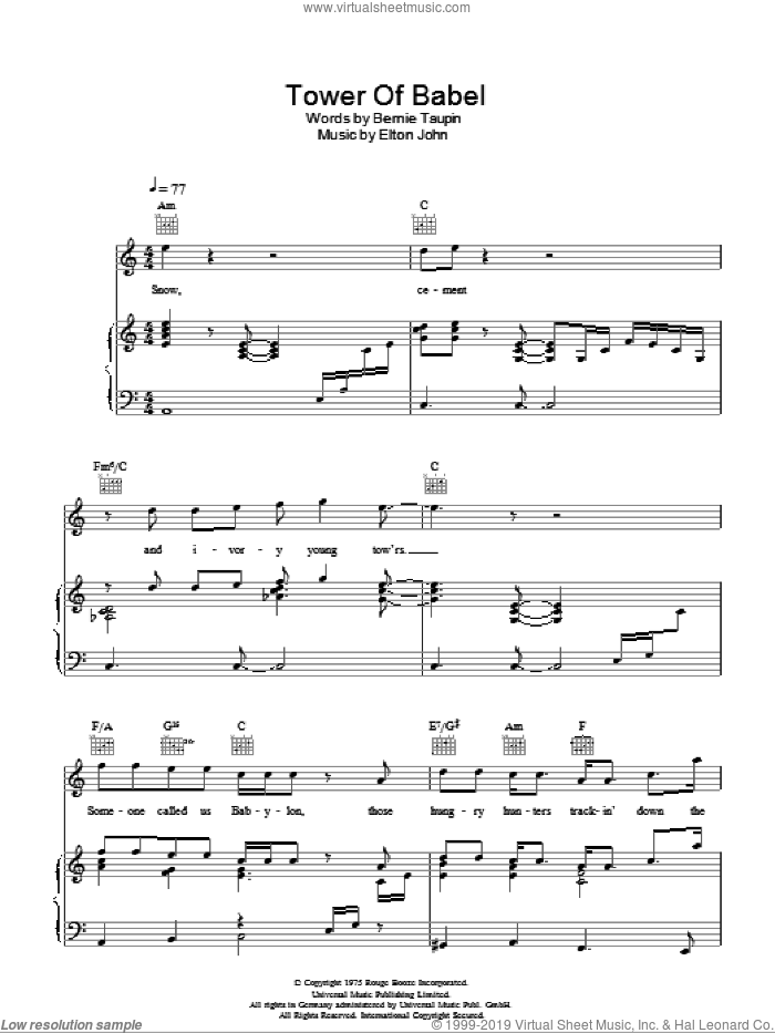 Tower Of Babel sheet music for voice, piano or guitar by Elton John and Bernie Taupin, intermediate skill level