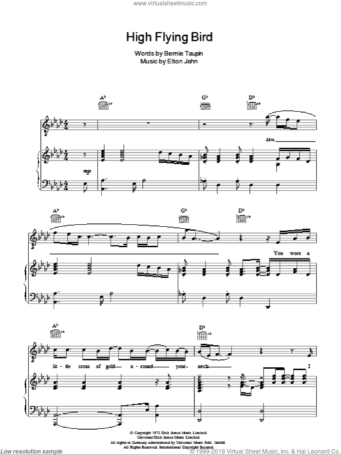 High Flying Bird sheet music for voice, piano or guitar by Elton John and Bernie Taupin, intermediate skill level