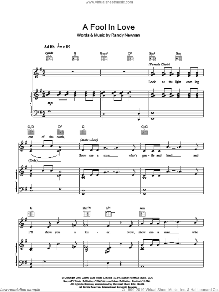 A Fool In Love sheet music for voice, piano or guitar by Randy Newman, intermediate skill level