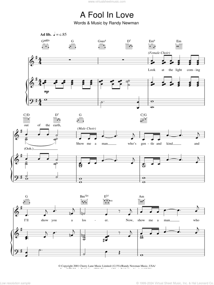 A Fool In Love sheet music for voice, piano or guitar by Randy Newman, intermediate skill level