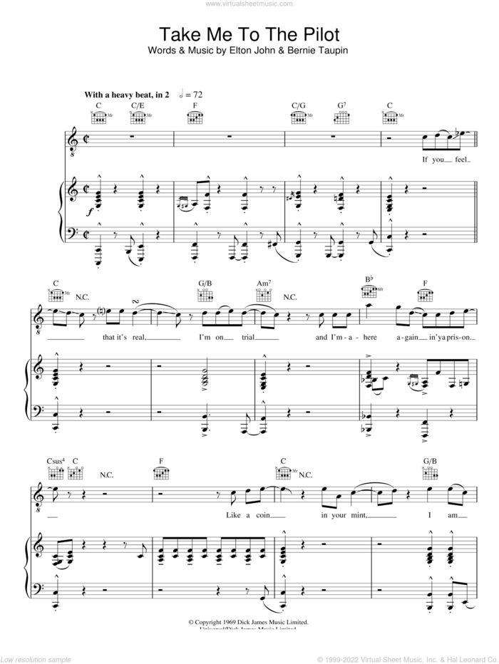 Take Me To The Pilot sheet music for voice, piano or guitar by Elton John and Bernie Taupin, intermediate skill level