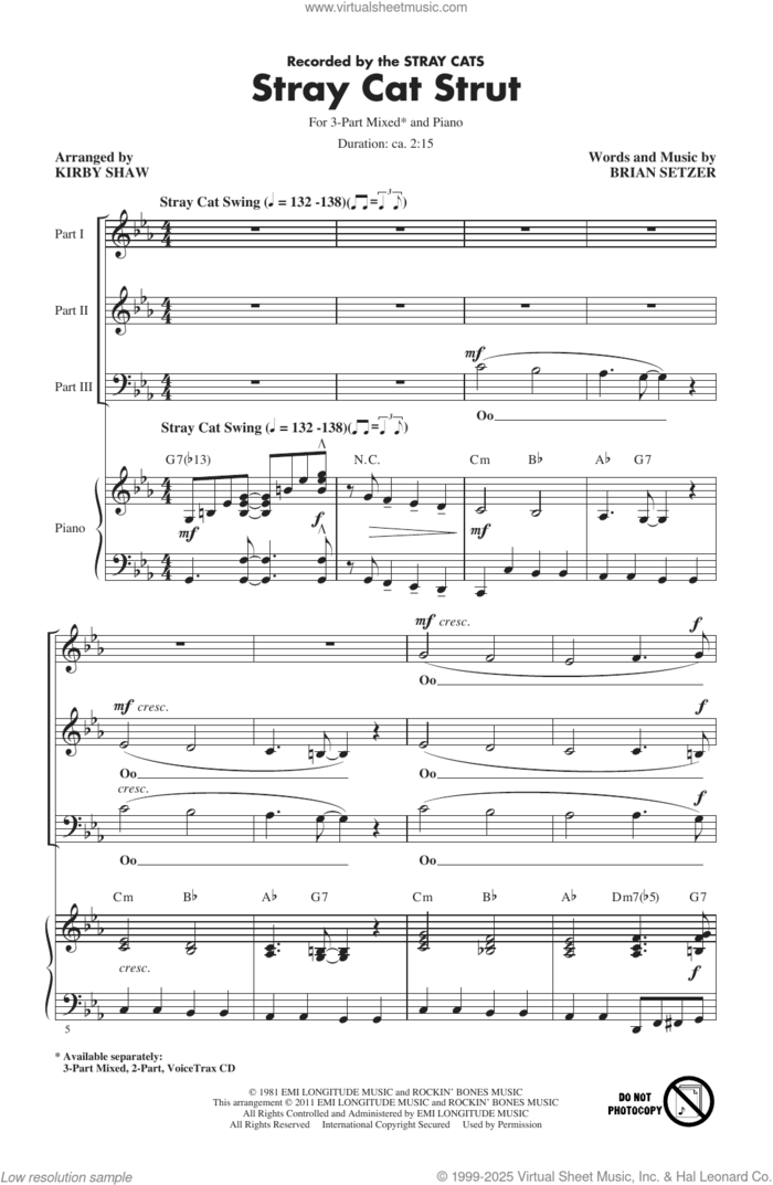 Stray Cat Strut (arr. Kirby Shaw) sheet music for choir (3-Part Mixed) by Stray Cats, Kirby Shaw and Brian Setzer, intermediate skill level