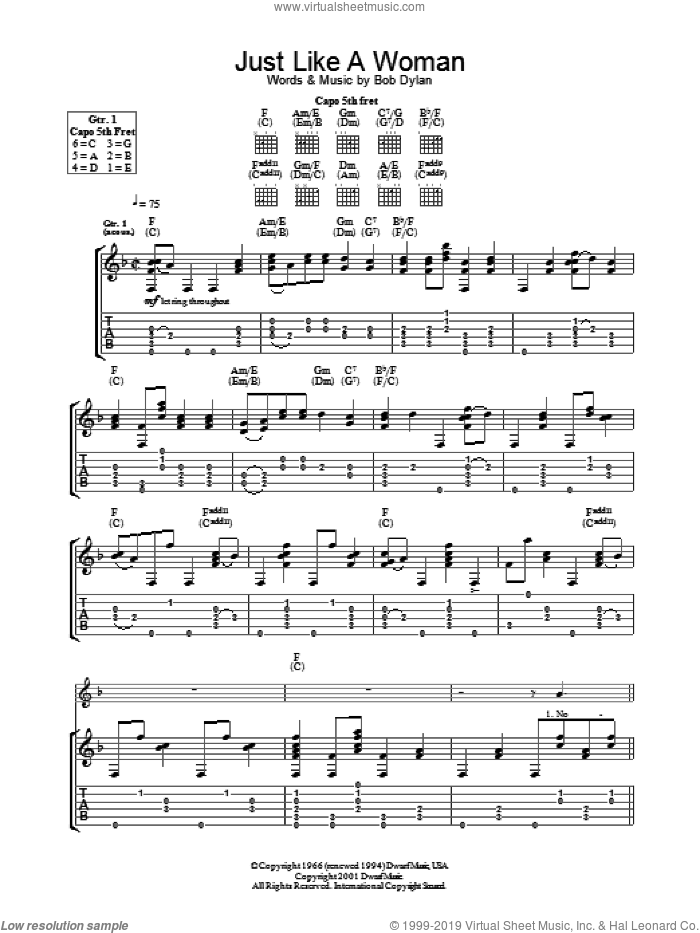 Just Like A Woman sheet music for guitar (tablature) by Bob Dylan, intermediate skill level