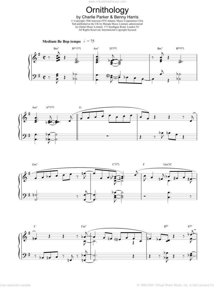 Ornithology sheet music for piano solo by Charlie Parker, E De lange, Mills,I and Will Hudson, intermediate skill level