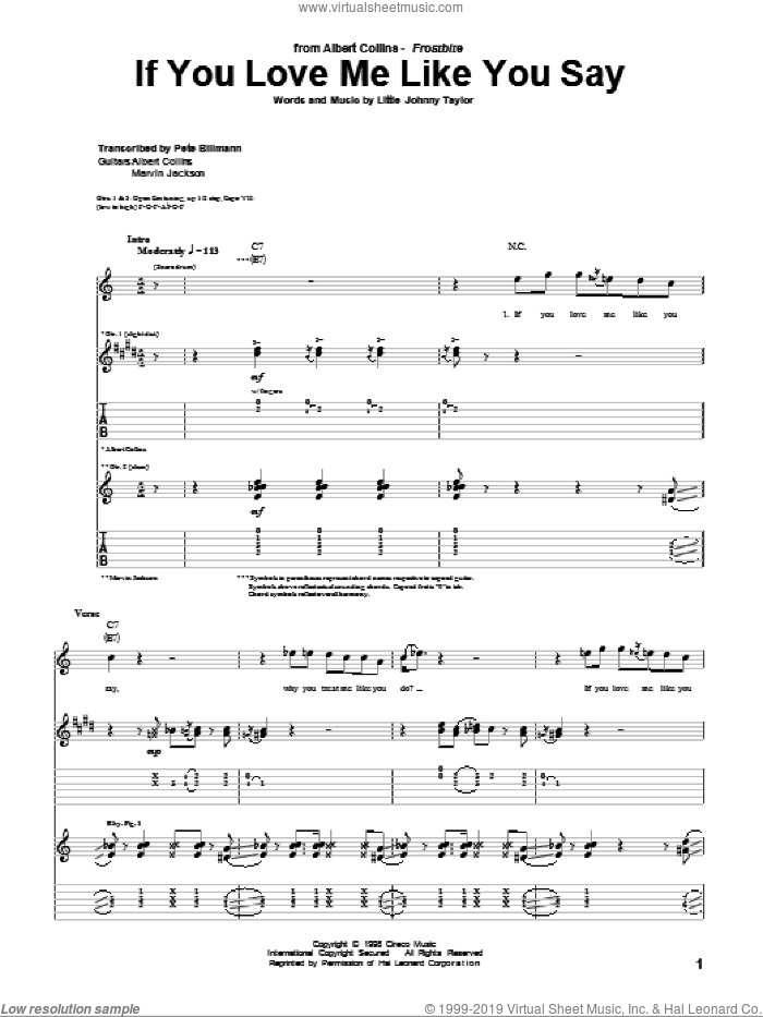 If You Love Me Like You Say sheet music for guitar (tablature) by Albert Collins and Little Johnny Taylor, intermediate skill level