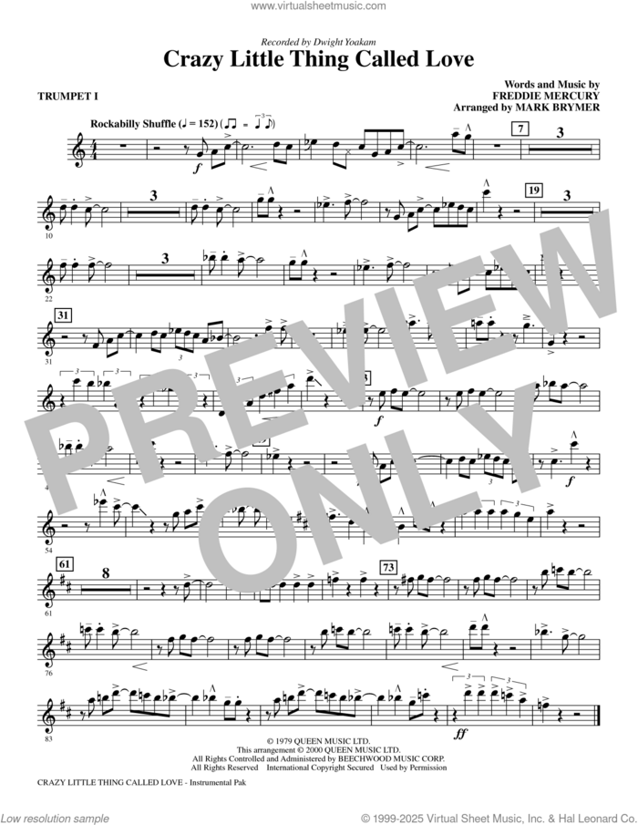 Crazy Little Thing Called Love sheet music for orchestra/band (trumpet i) by Dwight Yoakam, Mark Brymer, Queen and Freddie Mercury, intermediate skill level