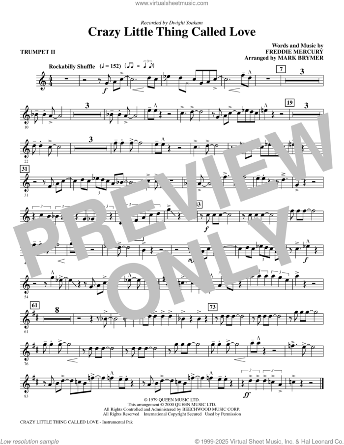 Crazy Little Thing Called Love sheet music for orchestra/band (trumpet ii) by Dwight Yoakam, Mark Brymer, Queen and Freddie Mercury, intermediate skill level