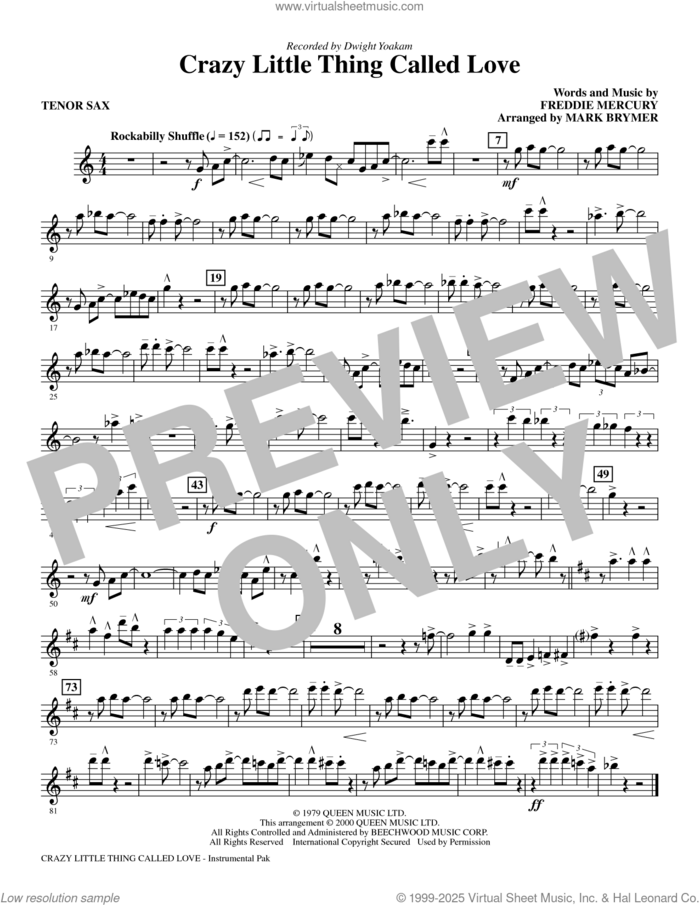 Crazy Little Thing Called Love sheet music for orchestra/band (tenor sax) by Dwight Yoakam, Mark Brymer, Queen and Freddie Mercury, intermediate skill level