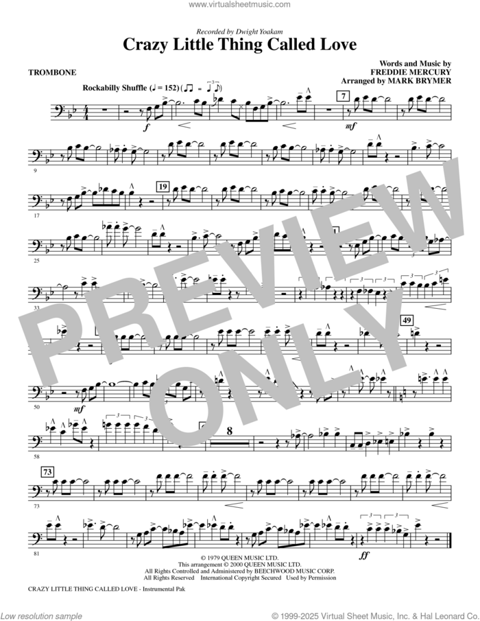 Crazy Little Thing Called Love sheet music for orchestra/band (trombone) by Dwight Yoakam, Mark Brymer, Queen and Freddie Mercury, intermediate skill level