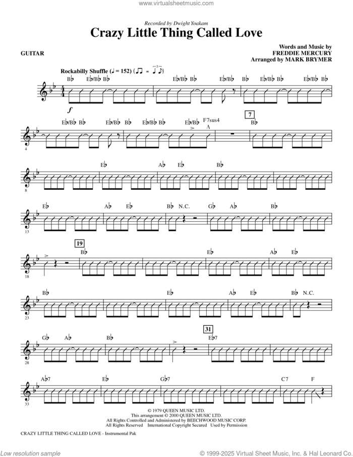 Crazy Little Thing Called Love sheet music for orchestra/band (guitar) by Dwight Yoakam, Mark Brymer, Queen and Freddie Mercury, intermediate skill level