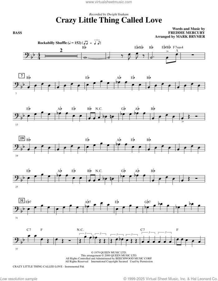 Crazy Little Thing Called Love sheet music for orchestra/band (bass) by Dwight Yoakam, Mark Brymer, Queen and Freddie Mercury, intermediate skill level