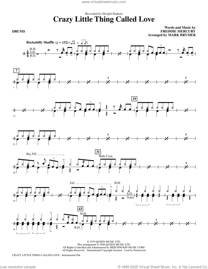 Crazy Little Thing Called Love sheet music for orchestra/band (drums) by Dwight Yoakam, Mark Brymer, Queen and Freddie Mercury, intermediate skill level