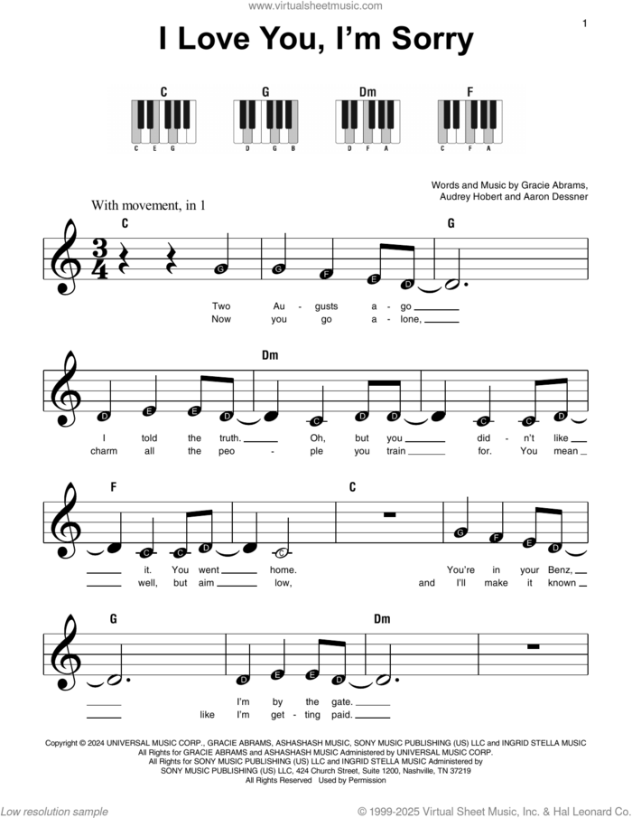 I Love You, I'm Sorry sheet music for piano solo by Gracie Abrams, Aaron Dessner and Audrey Hobert, beginner skill level