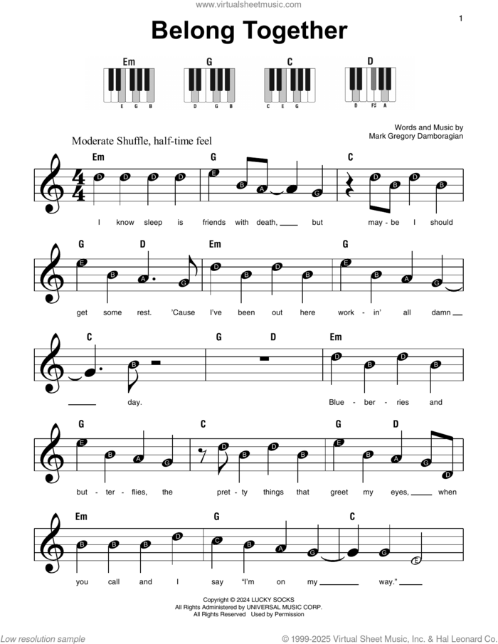 Belong Together sheet music for piano solo by Mark Ambor and Mark Gregory Damboragian, beginner skill level