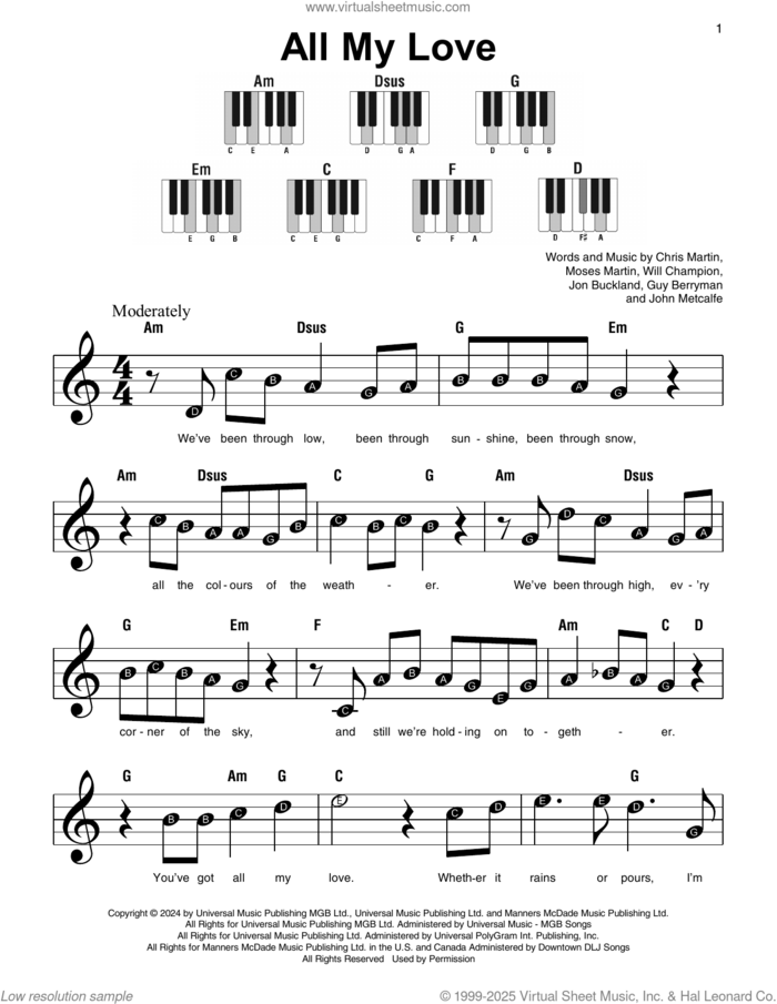 All My Love, (beginner) sheet music for piano solo by Coldplay, Chris Martin, Guy Berryman, John Metcalfe, Jon Buckland, Moses Martin and Will Champion, beginner skill level