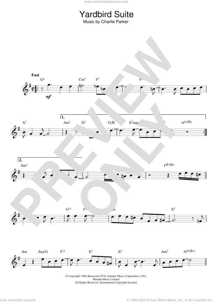 Yardbird Suite sheet music for voice and other instruments (fake book) by Charlie Parker and Parker, intermediate skill level