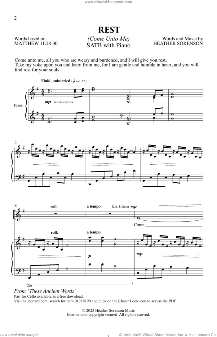 Rest sheet music for choir (SATB: soprano, alto, tenor, bass) by Heather Sorenson and Matthew 11:28-30, intermediate skill level