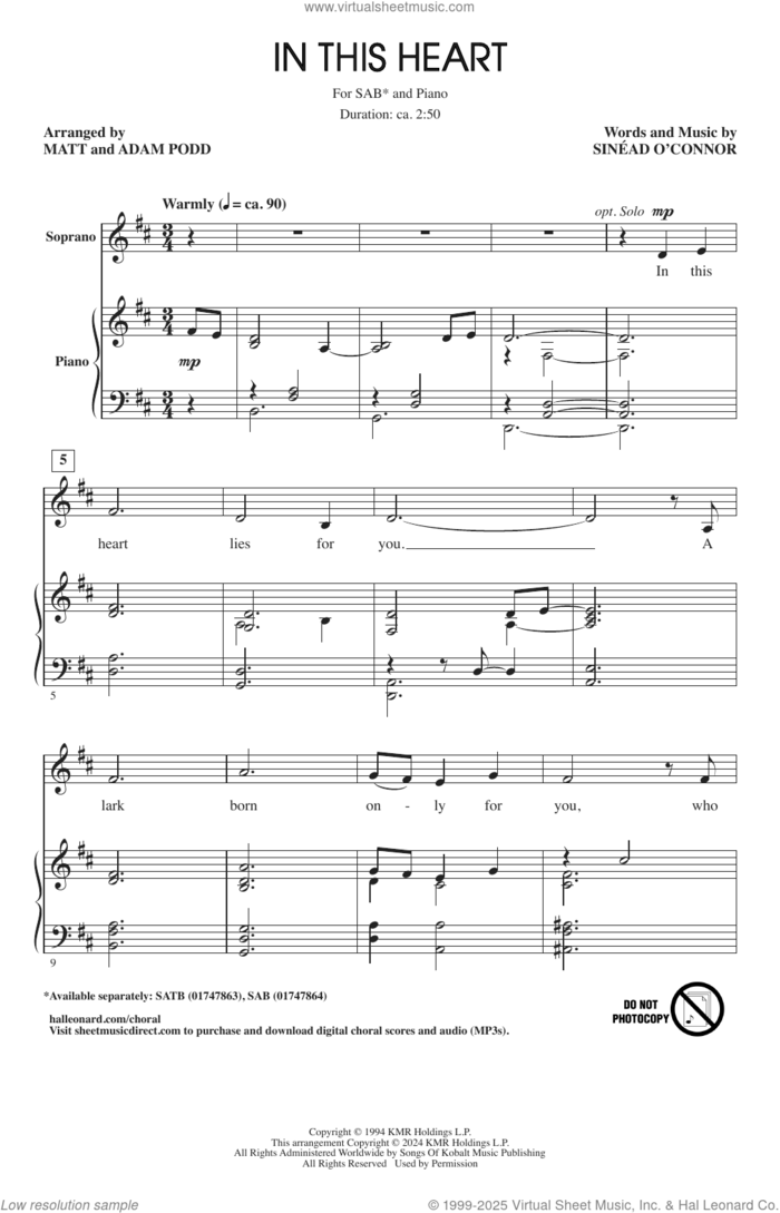 In This Heart (arr. Matt and Adam Podd) sheet music for choir (SAB: soprano, alto, bass) by Sinéad O'Connor, Adam Podd and Matt Podd, intermediate skill level