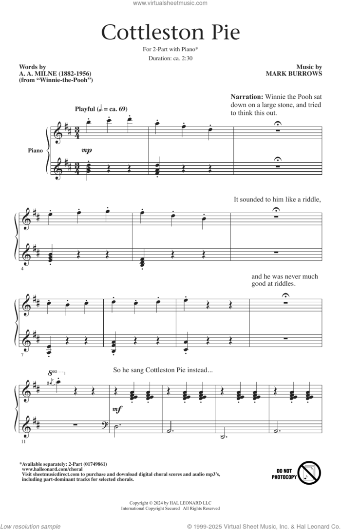 Cottleston Pie sheet music for choir (2-Part) by Mark Burrows and A.A. Milne, intermediate duet