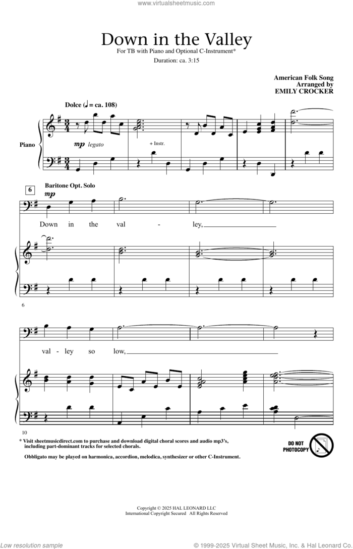 Down In The Valley (arr. Vicki Tucker Courtney) sheet music for choir (TB: tenor, bass) by American Folksong and Emily Crocker, intermediate skill level