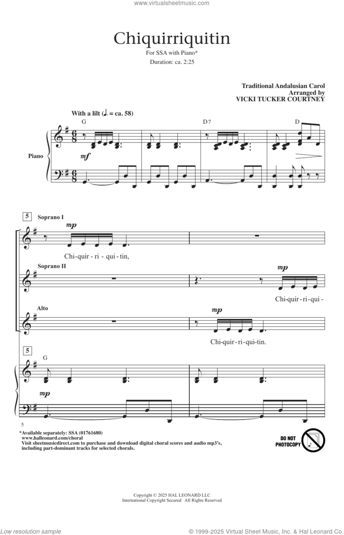 Chiquirriquitin (arr. Vicki Tucker Courtney) sheet music for choir (SSA: soprano, alto) by Traditional Andalucian and Vicki Tucker Courtney, intermediate skill level