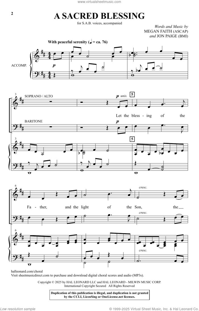 A Sacred Blessing sheet music for choir (SAB: soprano, alto, bass) by Jon Paige, Megan Faith and Megan Faith and Jon Paige, intermediate skill level