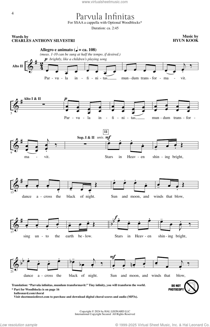 Parvula Infinitas sheet music for choir (SSAA: soprano, alto) by Hyun Kook and Charles Anthony Silvestri, intermediate skill level