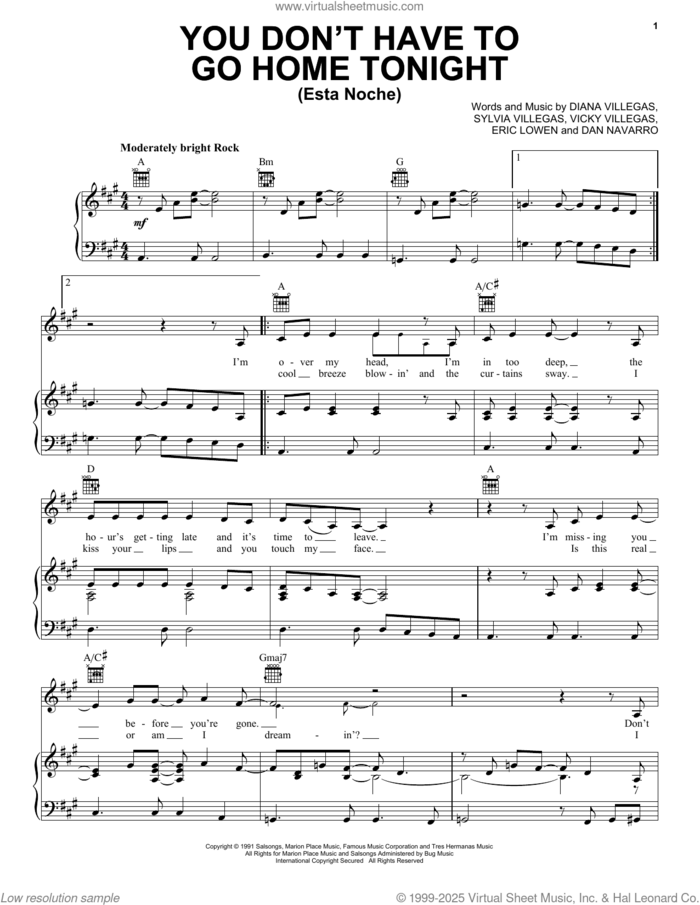 You Don't Have To Go Home Tonight (Esta Noche) sheet music for voice, piano or guitar by The Triplets, Dan Navarro, Diana Villegas, Eric Lowen, Sylvia Villegas and Vicky Villegas, intermediate skill level