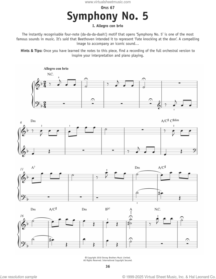 Symphony No. 5 In C Minor, First Movement Excerpt sheet music for piano solo by Ludwig Van Beethoven, classical score, beginner skill level