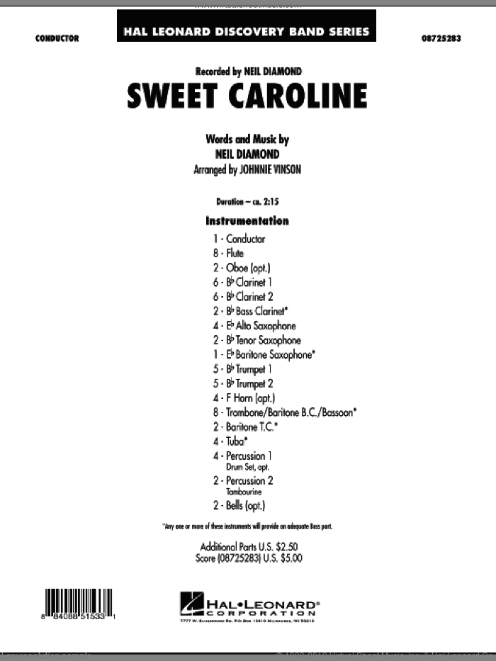 Sweet Caroline (COMPLETE) sheet music for concert band by Neil Diamond and Johnnie Vinson, intermediate skill level