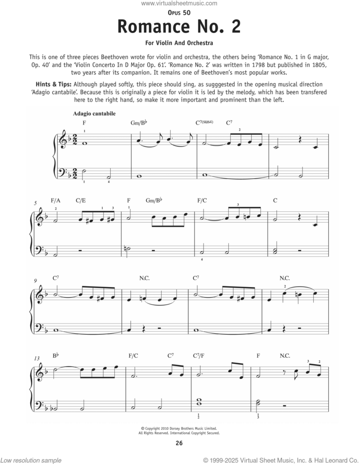 Romance No. 2 In F Major, Op. 50 sheet music for piano solo by Ludwig Van Beethoven, classical score, beginner skill level