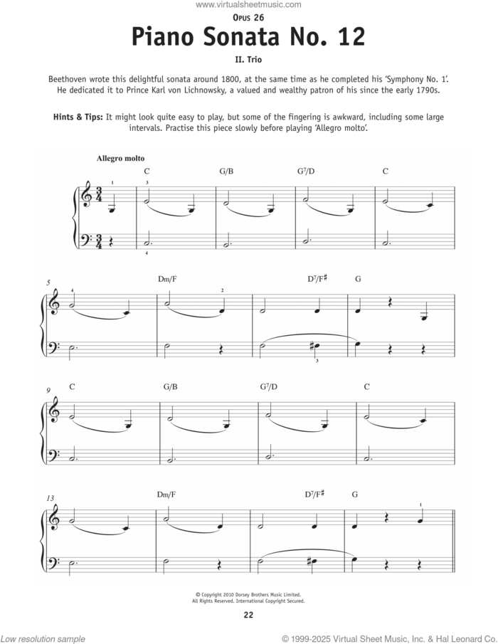 Piano Sonata No. 12, 2nd mvt. sheet music for piano solo by Ludwig Van Beethoven, classical score, beginner skill level