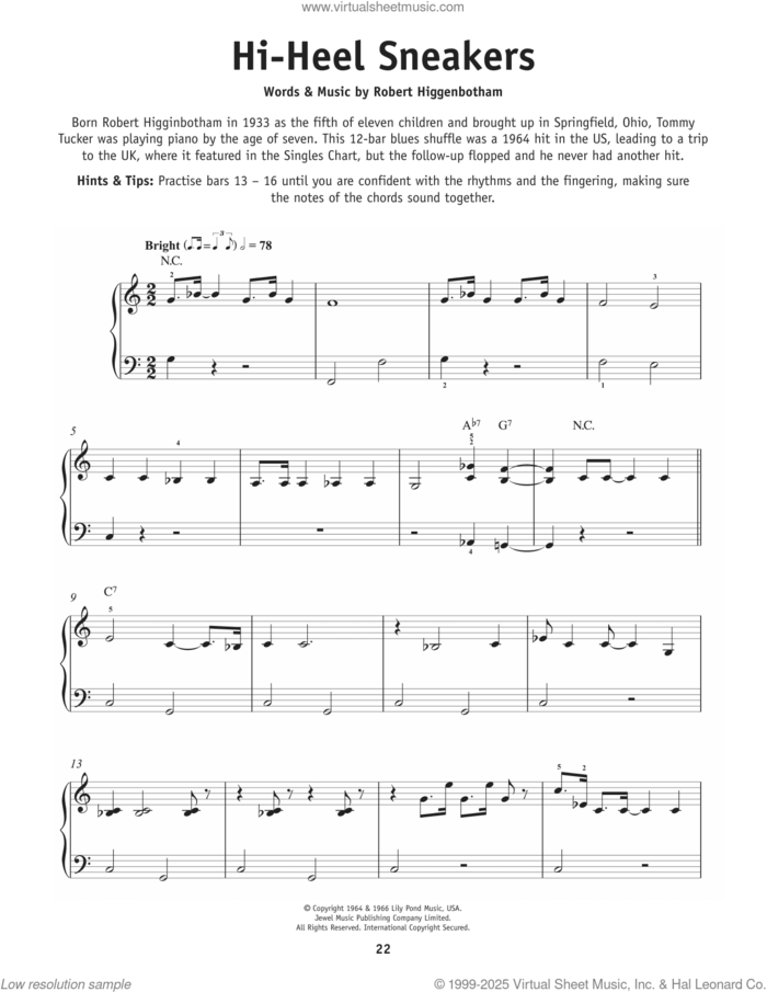 Hi-Heel Sneakers sheet music for piano solo by Tommy Tucker and Robert Higginbotham, beginner skill level