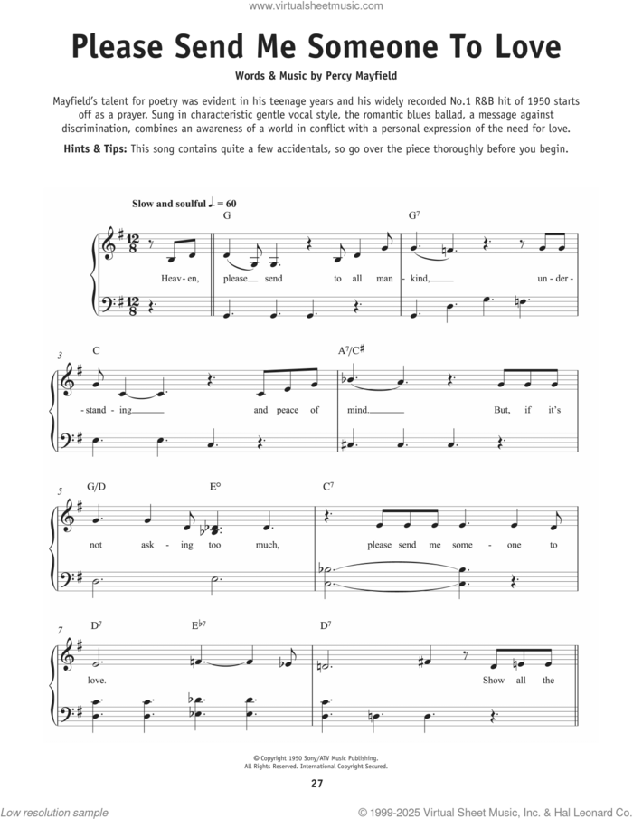 Please Send Me Someone To Love, (beginner) sheet music for piano solo by Percy Mayfield, beginner skill level