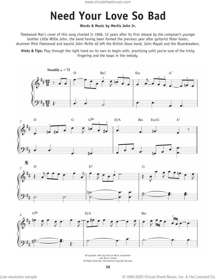 Need Your Love So Bad, (beginner) sheet music for piano solo by Fleetwood Mac and Mertis John, Jr., beginner skill level