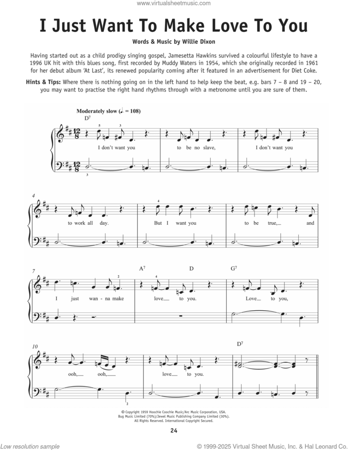 I Just Want To Make Love To You sheet music for piano solo by Foghat and Willie Dixon, beginner skill level