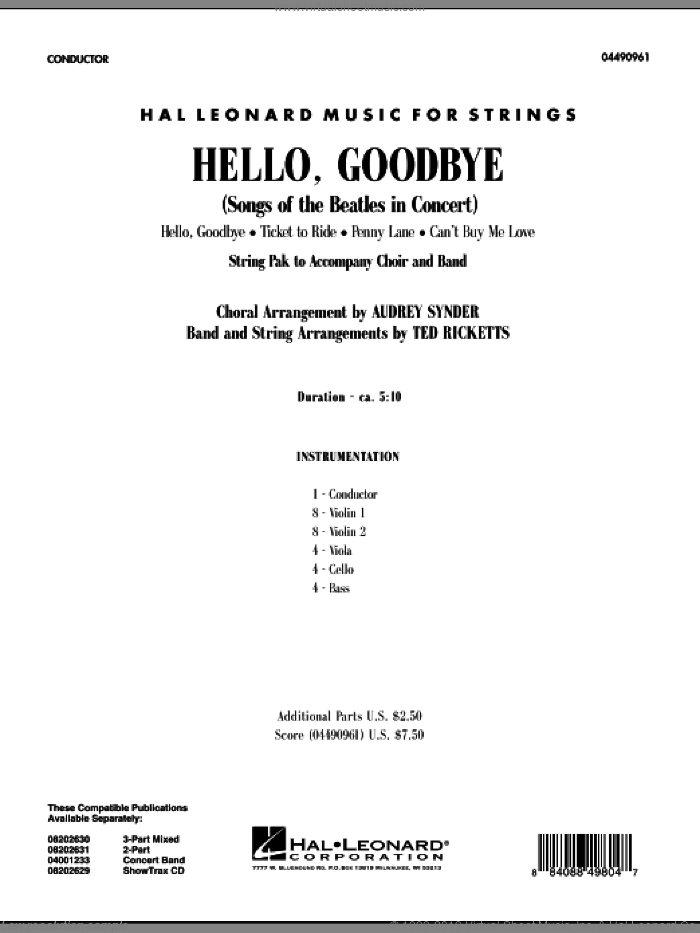 Hello, Goodbye (Songs Of The Beatles In Concert) (COMPLETE) sheet music for orchestra by The Beatles, Audrey Snyder, John Lennon, Paul McCartney and Ted Ricketts, intermediate skill level
