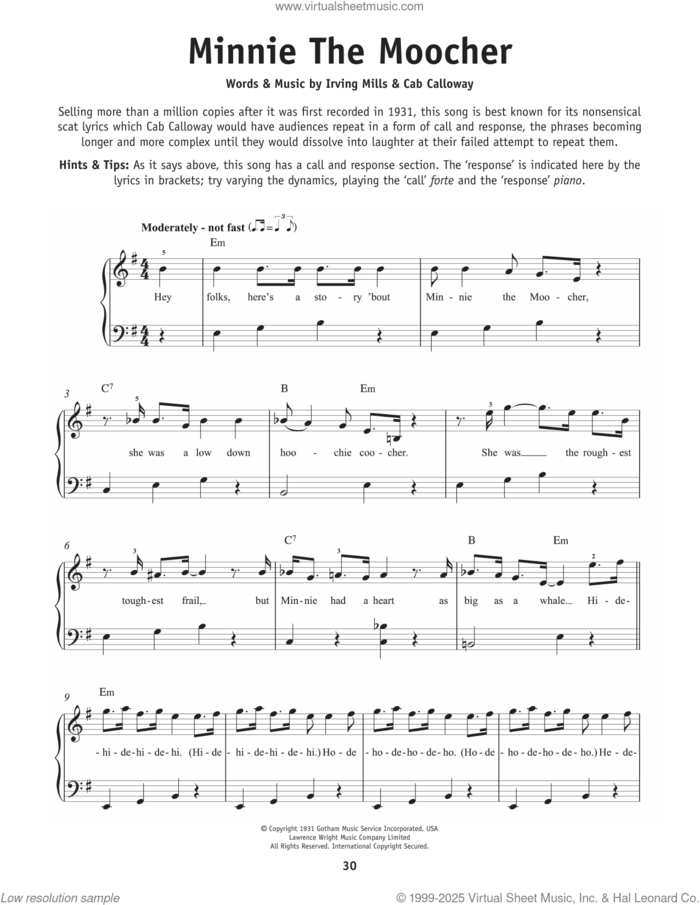 Minnie The Moocher sheet music for piano solo by Big Bad Voodoo Daddy, Cab Calloway and Irving Mills, beginner skill level