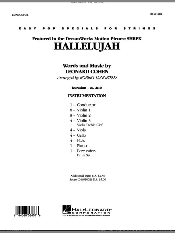 Hallelujah (COMPLETE) sheet music for orchestra by Robert Longfield and Leonard Cohen, intermediate skill level