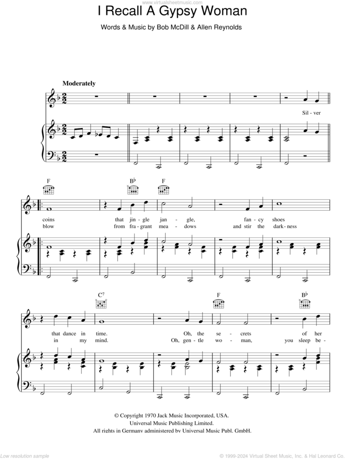 I Recall A Gypsy Woman sheet music for voice, piano or guitar by Don Williams, Allen Reynolds and Bob McDill, intermediate skill level