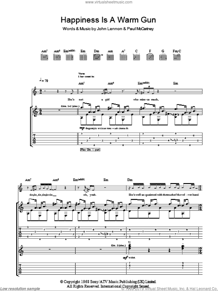 Happiness Is A Warm Gun sheet music for guitar (tablature) by The Beatles, John Lennon and Paul McCartney, intermediate skill level