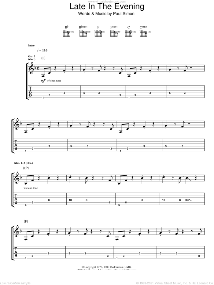 Late In The Evening sheet music for guitar (tablature) by Paul Simon, intermediate skill level