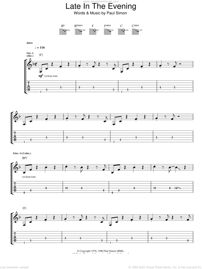 Late In The Evening sheet music for guitar (tablature) by Paul Simon, intermediate skill level