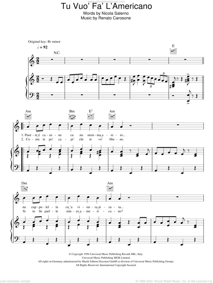 Tu Vuo Fa L'Americano sheet music for voice, piano or guitar by Renato Carosone and Nicola Salerno, intermediate skill level