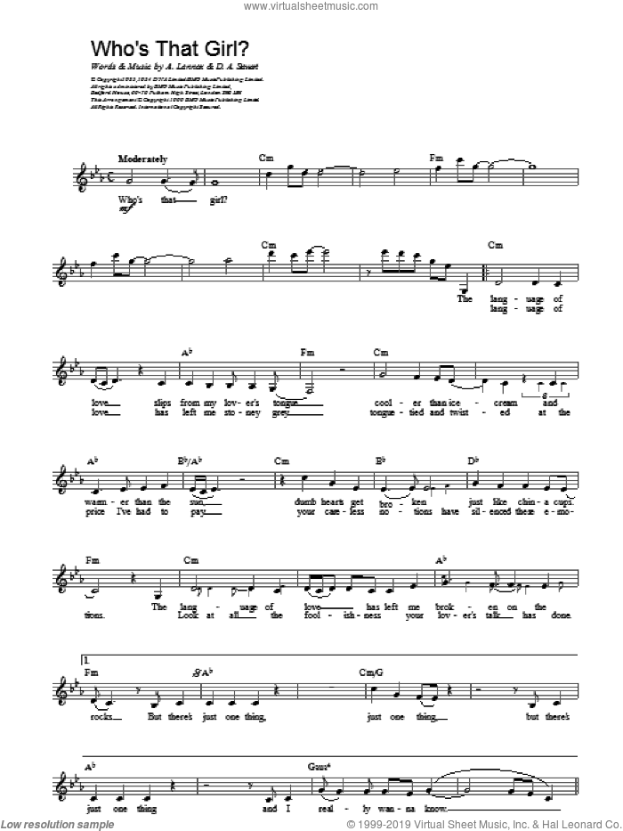 Who's That Girl sheet music for voice and other instruments (fake book) by Eurythmics, Al Stewart and LENNOX, intermediate skill level