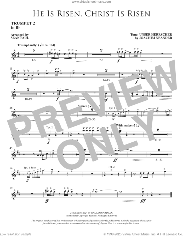 He Is Risen, Christ Is Risen (arr. Sean Paul) sheet music for orchestra/band (Bb trumpet 2) by Joachim Neander, Sean Paul and Cecil Alexander, intermediate skill level